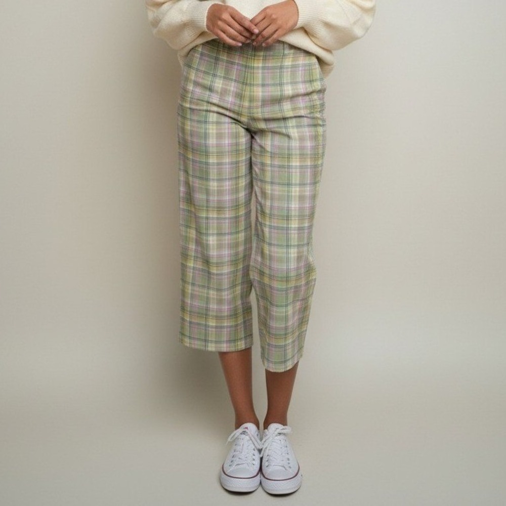 Alfred Dunner Plaid Crop Pants 8P Pastel Sage Pink Yellow Elastic Waist Capri